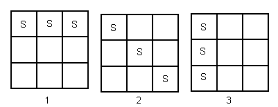 Three arrangements of milk bottles in 3 x 3 squares: a horizontal line across the top of the grid, a diagonal line, a vertical line along the left side of the grid.