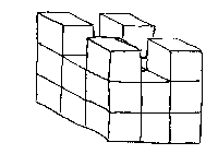 One possible design for Ravi's castle. The base is a 3 x 2 x x 3 cuboid (w x h x l). The top (third) layer of the castle consists of one additional cube on placed on each corner of the cuboid.