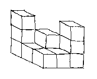 Another possible design for Ravi's castle. The base layer consists of a 3 x 3 x 1 (w x l x h) cuboid). On two of the diagonally opposite corners, Ravi has placed towers of 2 cubes. An additional cubes has been placed on top of the centre cube on the base layer.