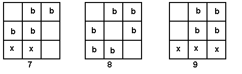 Three arrangements of cartons in a 9-square grid.