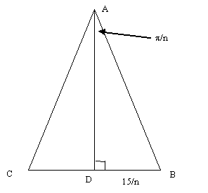 An isosceles triangles. The top corner is point A and the base corners are points C and B. The midpoint of the base of the triangle is point D.