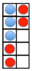 A tens frame with 3 blue dots and 4 red dots.