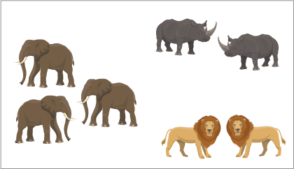 This image shows the same paired arrangement of lions and rhinoceros as above. The image has been changed to have three elephants instead of two.