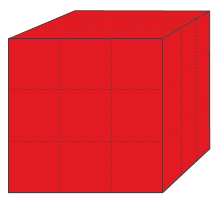 A large cube made up of 9 small cubes. The faces of the large cube are red.