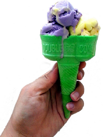 Decorative image of a double scoop ice-cream cone.