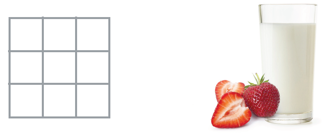A 9 square grid and a decorative image of strawberries and milk.
