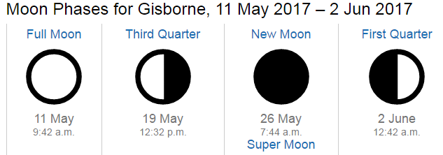 Diagram showing phases of the moon for Gisborne from May 11 to June 2, 2017.