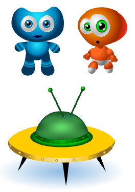 Decorative image of aliens and a spaceship.