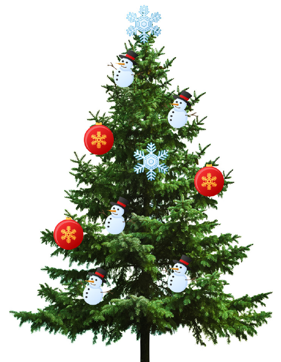 A Christmas tree with the following decorations: 5 snowmen, 3 baubles, 2 snowflakes.