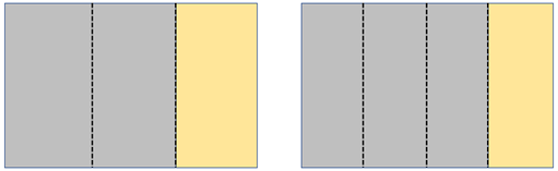 Diagram showing rectangular paper folded into thirds with two thirds shaded, and folded into quarters with three quarters shaded.