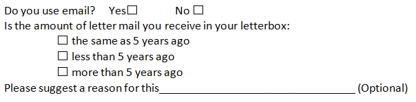 This image shows a questionnaire. The first question is "do you use email". The possible answers are "yes" and "no". The second question is "is the amount of letter mail you receive in your letterbox: the same as 5 years ago, less than 5 years ago, or more than 5 years ago?" Participants are asked to suggest a reason for this change (optional).