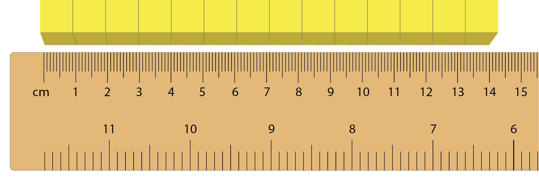 Image of a ruler being used to measure the length of a row of cubes.