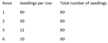 A table recording numbers of rows (e.g. 1) against seedlings per row (e.g. 60) and the total number of seedlings (60).