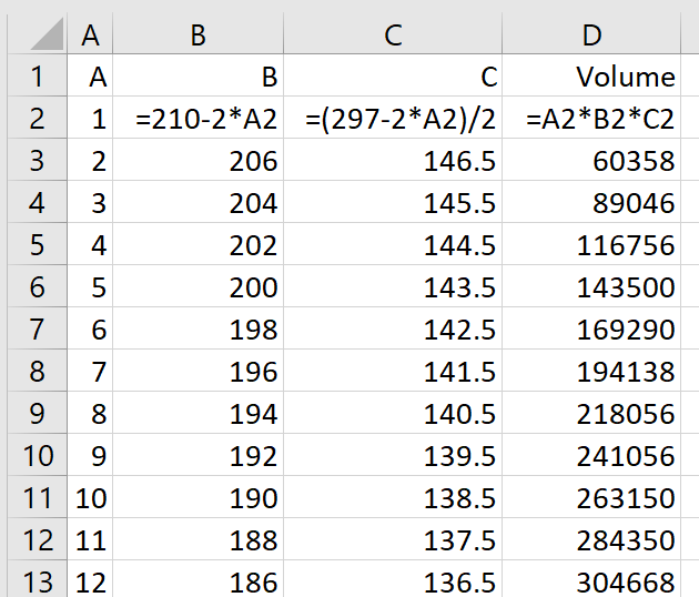 Spreadsheet with columns for A B and values, and a fourth column (D) multiplying those together to calculate the volume.
