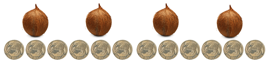 4 coconuts and 12 $1 coins. Every coconut is aligned with the middle coin in each group of 3.