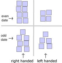 Punnett square arrangement of data cards showing the right and left handedness of of students with odd and even birthdates.