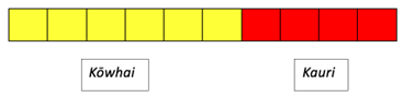 A strip with 6 yellow squares and 4 red squared. A label saying Kōwhai below the yellow squares and a label saying Kauri below the red squares.