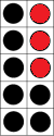 A tens frame with seven black dots and three red dots in it.