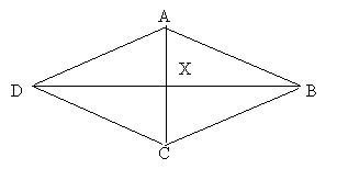A rhombus. The exterior corners are labelled A, B, C, A. The central interior point is labelled X.