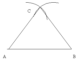 Image of an equilateral triangle ABC, with construction marks to show that point C was found by making intersecting arcs from points A and B.
