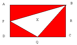 Flip's flag. The corners of the square are A B C and D. The mid points of the left, bottom, and right sides are P, Q, and R. The centre point is marked X. A triangle is constructed using points P, Q, and B.
