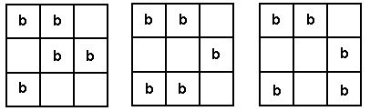Three more arrangements. If the squares in each grid are labelled from 1-9, starting at the top left corner and working horizontally, then the positions of 'b' in each grid are as follows: (1) 1, 2, 5, 6, 7; (2) 1, 2, 6, 7, 8; (3) 1, 2, 6, 7, 9.