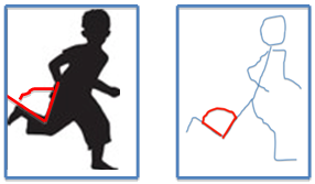 Two pictures of a boy: one that is a silhouette, and one that is a line drawing. Both images show the measurement of a potential angle.
