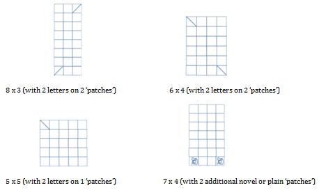 Diagram of some arrays that can be developed for 26 patches, with matching multiplication equations.