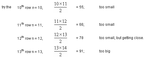 This diagram shows how the n(n+1) / 2 equation can be applied to the numbers 10, 11, 12, and 13 to find the location of 86.