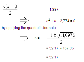 This diagram shows how the n(n+1) / 2 equation can be applied as a quadratic formula.
