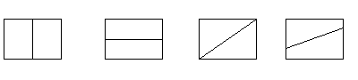 Four examples of single cuts that can divide a rectangle into halves: one vertical line, one horizontal line, one diagonal line from corner to corner, one diagonal line from side to side.