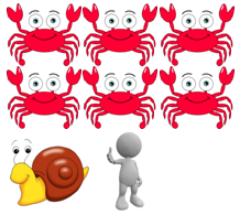 Picture of six crabs, a snail and a person.