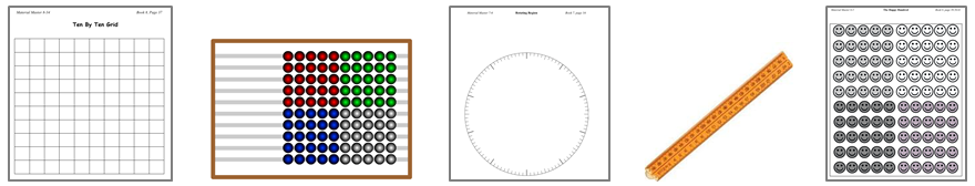 An image of 10 x 10 squared paper, an abacus, rotating region, metre ruler, happy hundred board.