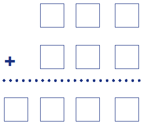 A blank long addition diagram demonstrating that when added to the values of three blank squares, the values of another three blank squares, will result in a four-digit sum (indicated by four blank squares).