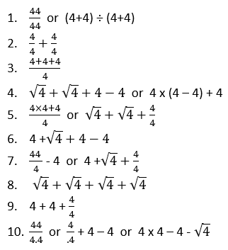 Image showing various solutions for the numbers 1-10.