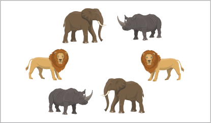 A collection of six animals: Two lions, two elephants, and two rhinoceros.