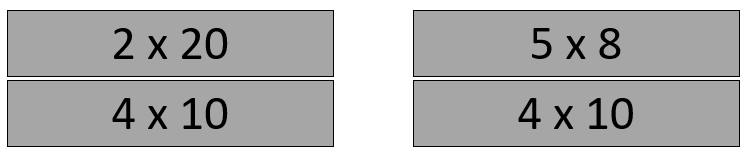 Rectangular cards used to record multiplication expressions (2 x 20, 4 x 10, 5 x 8, 4 x 10).