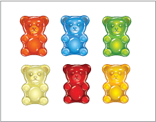 This image shows six teddies of different colours.
