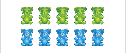 Two rows of five teddies. In one row the teddies and green, and in the other they are blue. The teddies are evenly spaced across both rows.