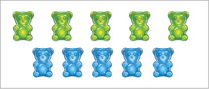 Two rows of five teddies. In one row the teddies and green, and in the other they are blue. The teddies are arranged so that each blue teddy sits in between two green teddies.
