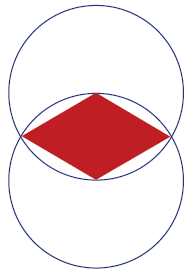 Bill's badge. Two circles overlap so that the centre of one circle lies on the circumference of the other. A rhombus is located in the central space.