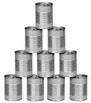 A triangular stack of cans. The number of cans in each row, from the bottom. are as follows: 4, 3, 2, 1.