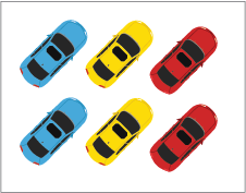 This image shows six cars of different colours.