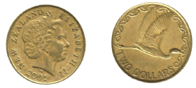 Two two-dollar coins: one heads-up and one tails-up.