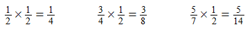 Three equations: 1/2 x 1/2 = 1/4; 3/4 x 1/2 = 3/8; 5/7 x 1/2 = 5/14.