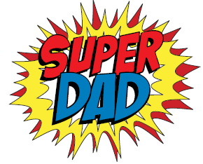 Decorative 'super dad' illustration.