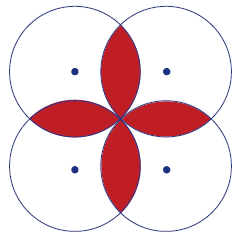 Dan's badge. Four circles with the centres of each circle aligned with the corners of a square. The square is indicated with dots. The circles are white except for the overlapping areas, which are coloured red.