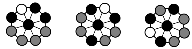 Diagrams of Mū Tōrere games showing black counters in winning positions.