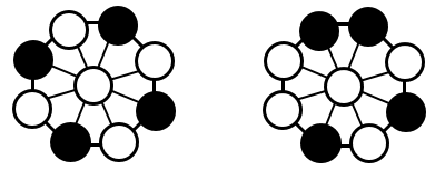 Diagrams of Mū Tōrere games showing a player that has four ones, or a two and two ones. 