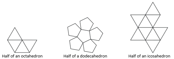 This image displays nets for half of an octahedron, half of a dodecahedron, and half of an icosahedron.